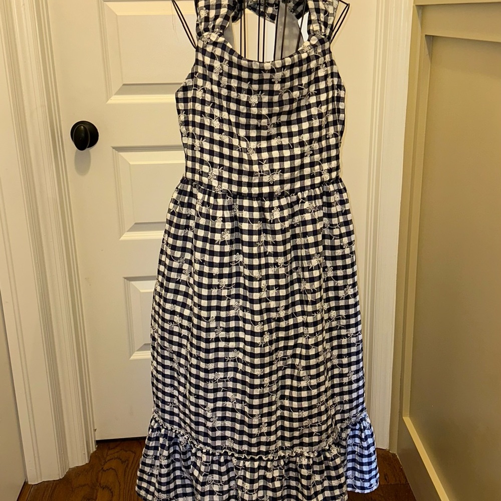 Blueberi Boulevard Navy and White Gingham Dress Size M wide bottom ruffle